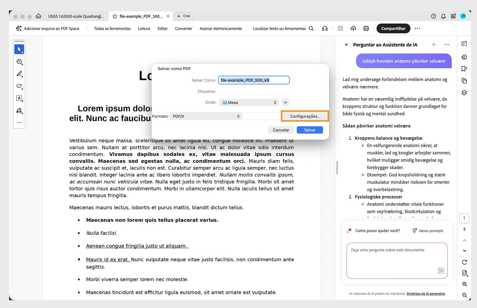 Caixa de diálogo Salvar como no Acrobat Pro com PDF/X selecionado e um botão Configurações para opções de conversão.