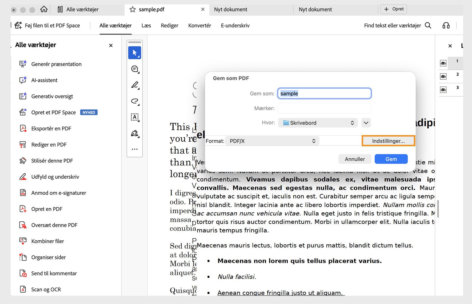 Dialogboksen Gem som i Acrobat Pro med PDF/X valgt og en knap til indstillinger for konverteringsmuligheder.