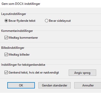Gem som DOCX-indstillinger