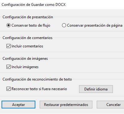 Configuración de Guardar como DOCX