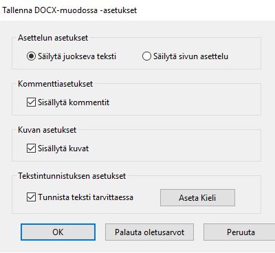 Tallenna DOCX-muodossa -asetukset