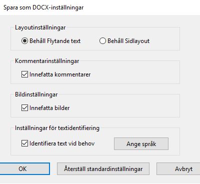 Spara som DOCX-inställningar