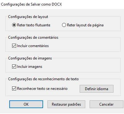 Configurações de Salvar como DOCX