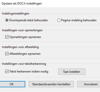 Instellingen voor Opslaan als DOCX
