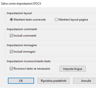 Impostazioni per salvare in DOCX