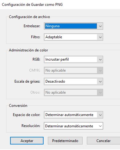 Configuración de Guardar como PNG