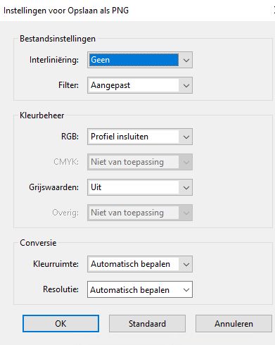 Instellingen voor Opslaan als PNG