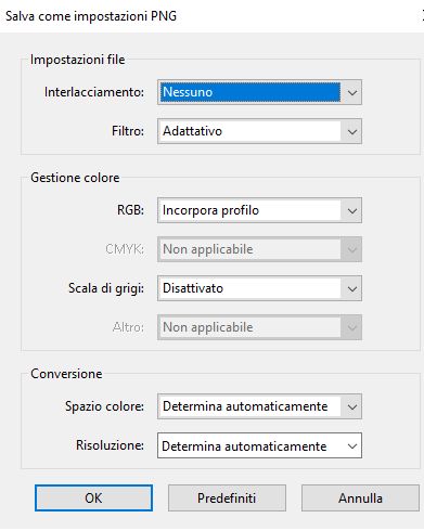 Impostazioni per salvare in PNG