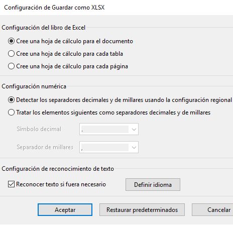 Configuración de Guardar como XLSX