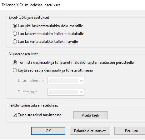 Tallenna XLSX-muodossa -asetukset