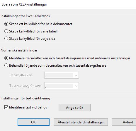 Spara som XLSX-inställningar