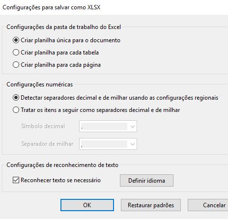 Configurações de Salvar como XLSX