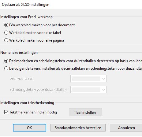 Instellingen voor Opslaan als XLSX