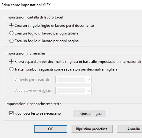 Impostazioni per salvare in XLSX