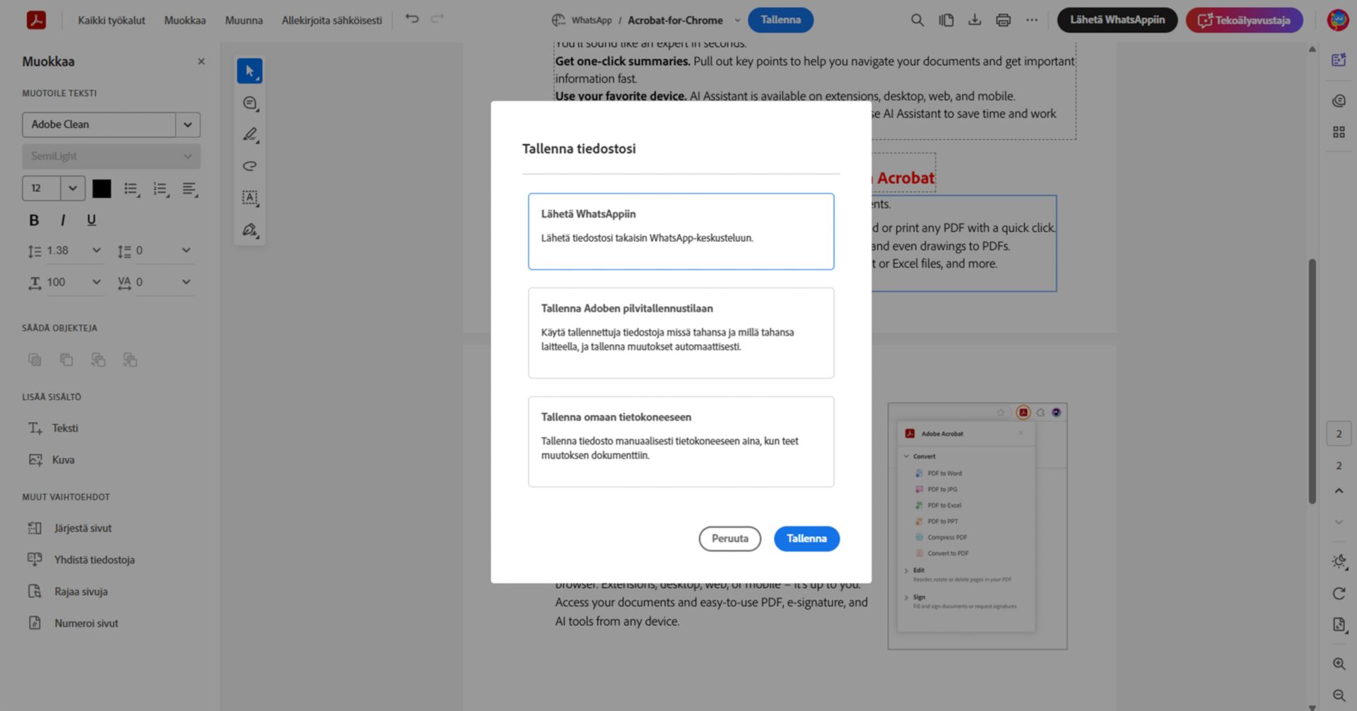 Tallennusvaihtoehtojen valintaikkuna Adobe Acrobatissa, jossa näkyvät vaihtoehdot muokatun PDF:n lähettämiseksi takaisin WhatsAppiin, tallentamiseksi Adoben pilvitallennustilaan tai lataamiseksi tietokoneelle.