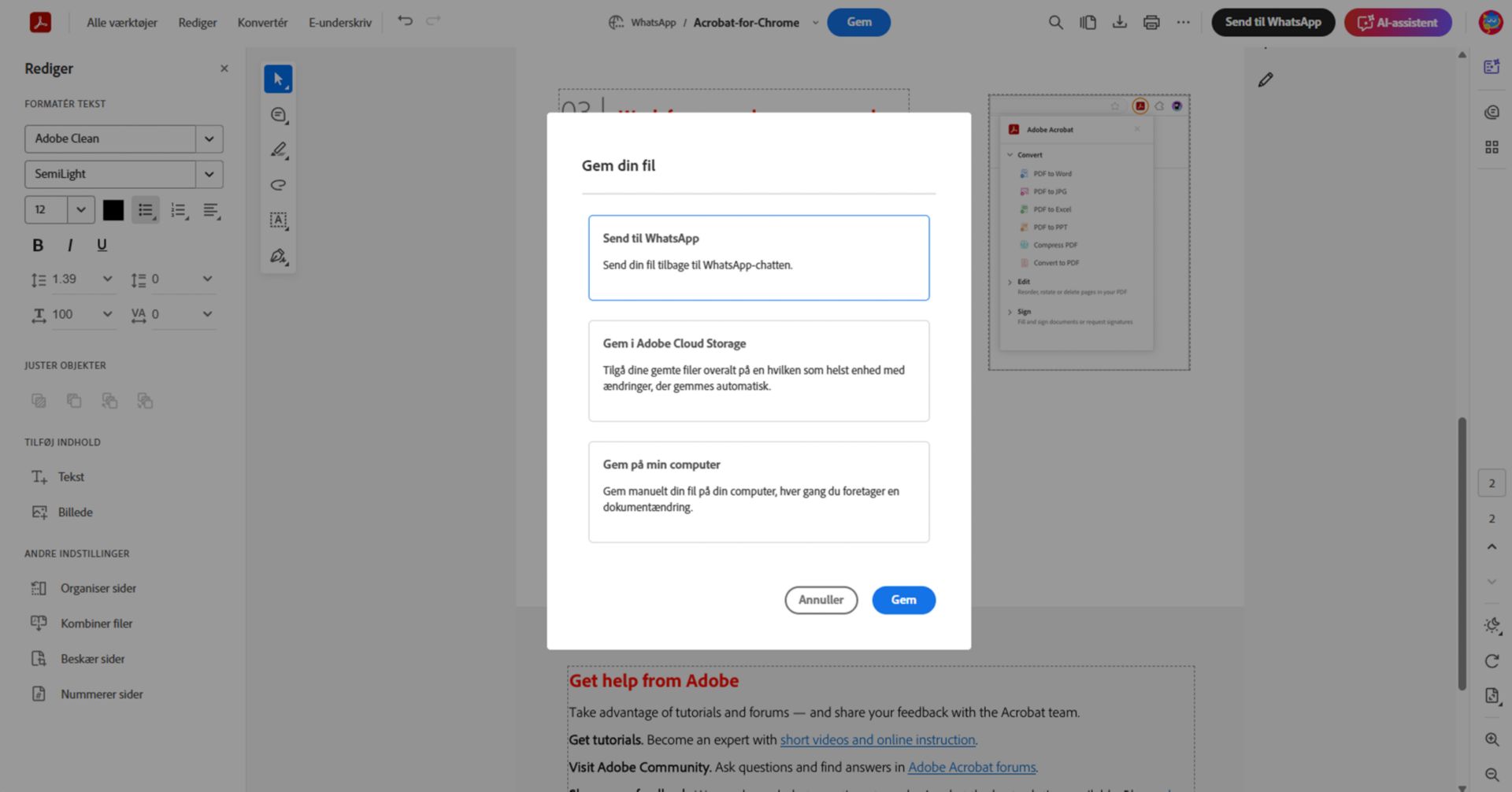 Dialogboksen med indstillinger for Gem i Adobe Acrobat viser valgmuligheder for at sende den redigerede PDF tilbage til WhatsApp, gemme i Adobe cloud-lagring eller downloade til computeren.