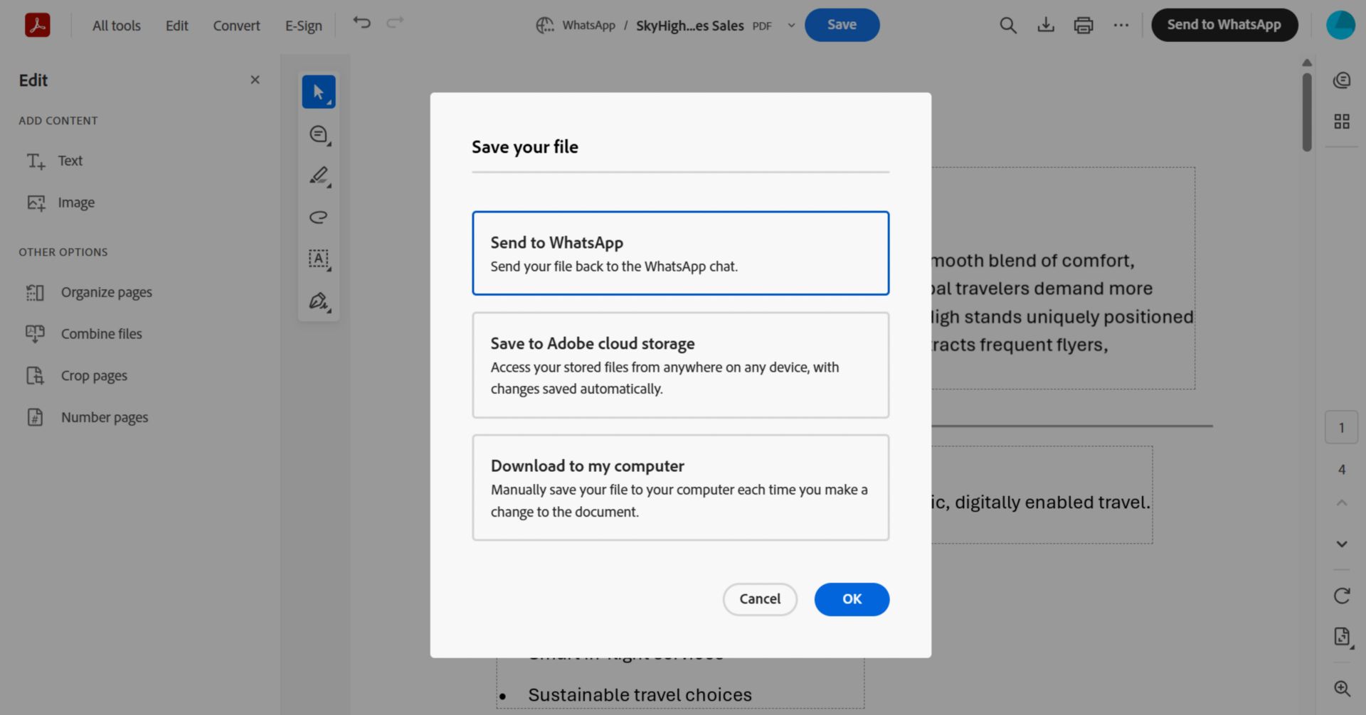 Dialog na opsyon sa pag-save sa Adobe Acrobat na nagpapakita ng mga pagpipilian para ibalik ang na-edit na PDF sa WhatsApp, i-save sa Adobe cloud storage, o i-download sa computer.
