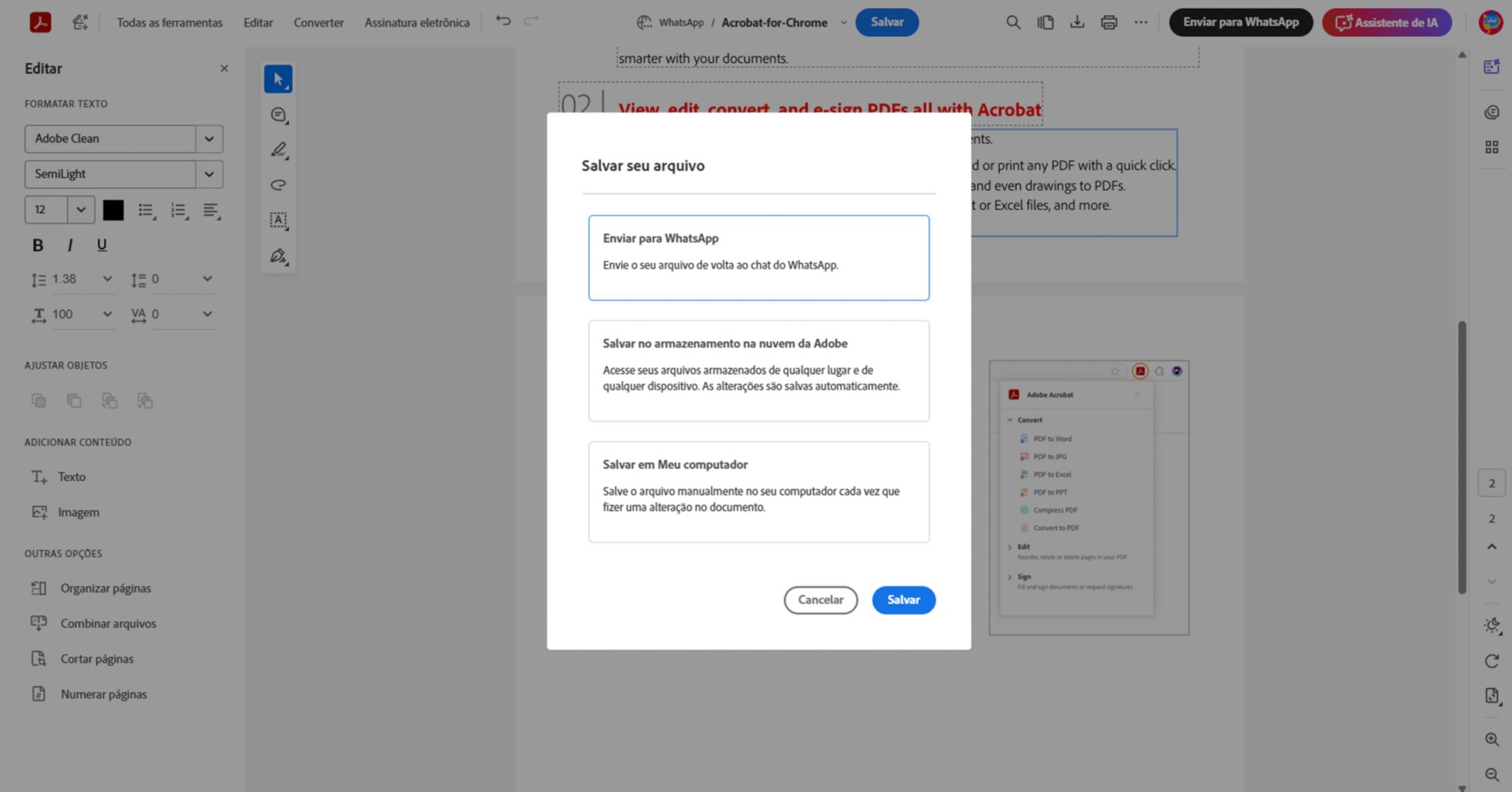 Diálogo de opções de salvamento no Adobe Acrobat mostrando as opções para enviar o PDF editado de volta para o WhatsApp, salvar no armazenamento na nuvem da Adobe ou baixar para o computador.