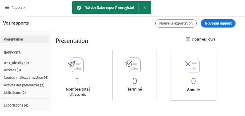 Rapport enregistré avec le message de réussite affiché