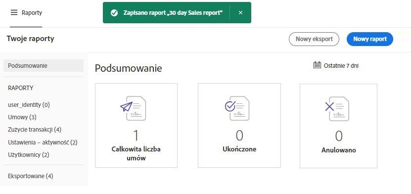 Zapisany raport z wyświetlonym komunikatem o powodzeniu operacji