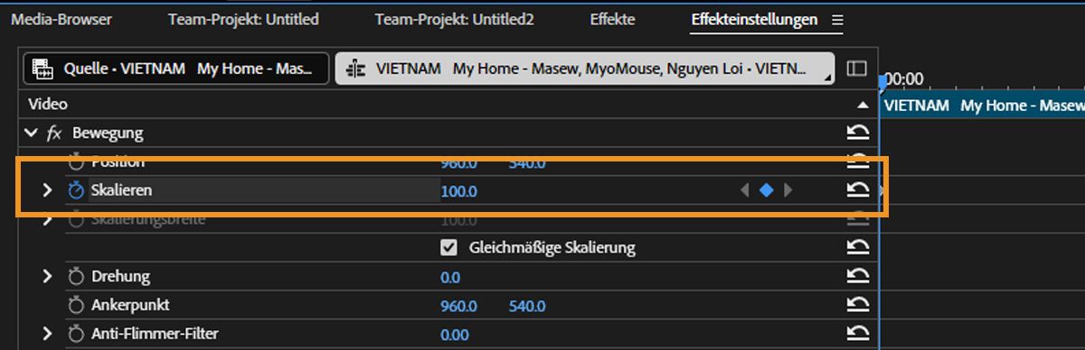 Die Eigenschaft „Skalieren&quot; ist ausgewählt und rechts davon befindet sich ein Keyframe-Navigator, um die Marke für die aktuelle Zeit zum nächstgelegenen Keyframe zu bewegen.