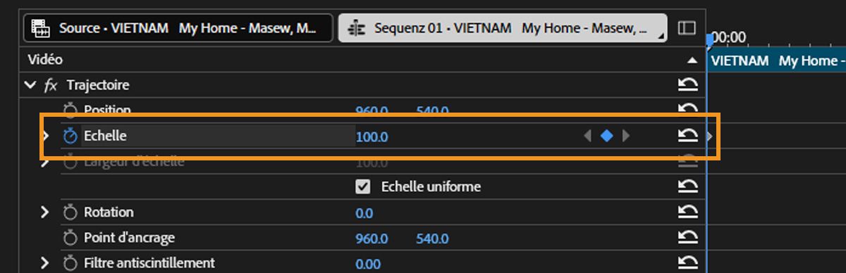 La propriété d’échelle est sélectionnée dans le panneau Options d’effet et différentes images clés sont ajoutées pour l’animation.