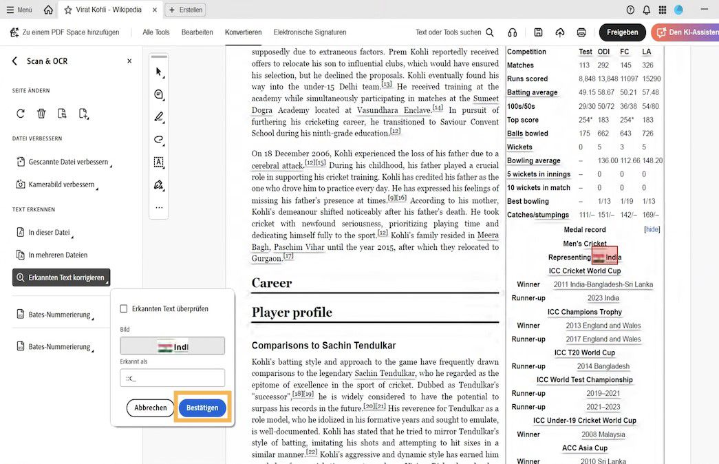 Gescanntes PDF mit einem Popup „Erkannten Text prüfen“, das zeigt, wie ein OCR-verdächtiges Wort mithilfe des Textfelds „Erkannt als“ korrigiert wird.