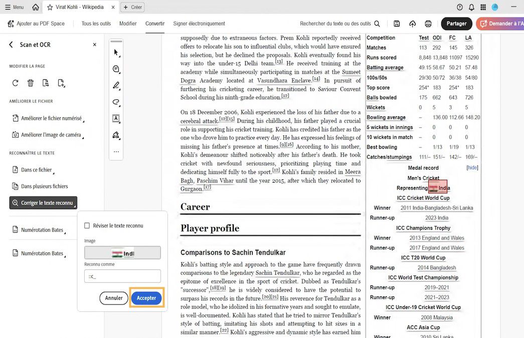 PDF numérisé avec une fenêtre contextuelle de révision du texte reconnu. Celle-ci montre un mot suspect reconnu par OCR qui est en cours de correction à partir de la zone de texte Reconnu comme.