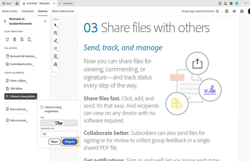 Beolvasott PDF a Felismert szöveg áttekintése felugró ablakkal, amely a karakterfelismerés szerint gyanús szó javítását mutatja a Felismert változat szövegmező használatával.
