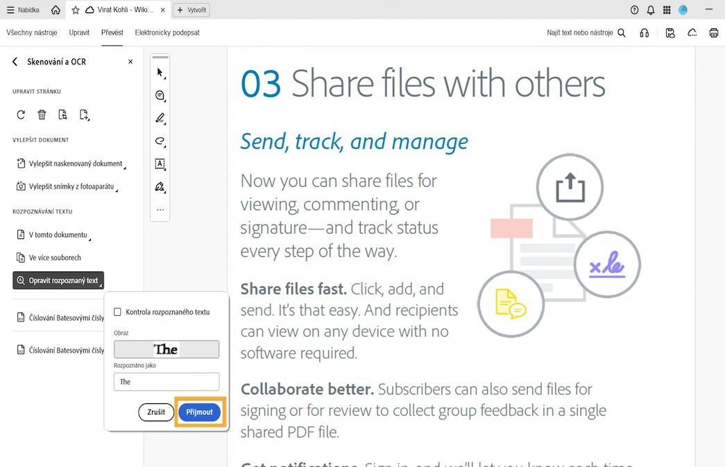 Naskenovaný soubor PDF s místním oknem Zkontrolovat rozpoznaný text zobrazující podezřelé slovo OCR opravované pomocí textového pole Rozpoznáno jako.