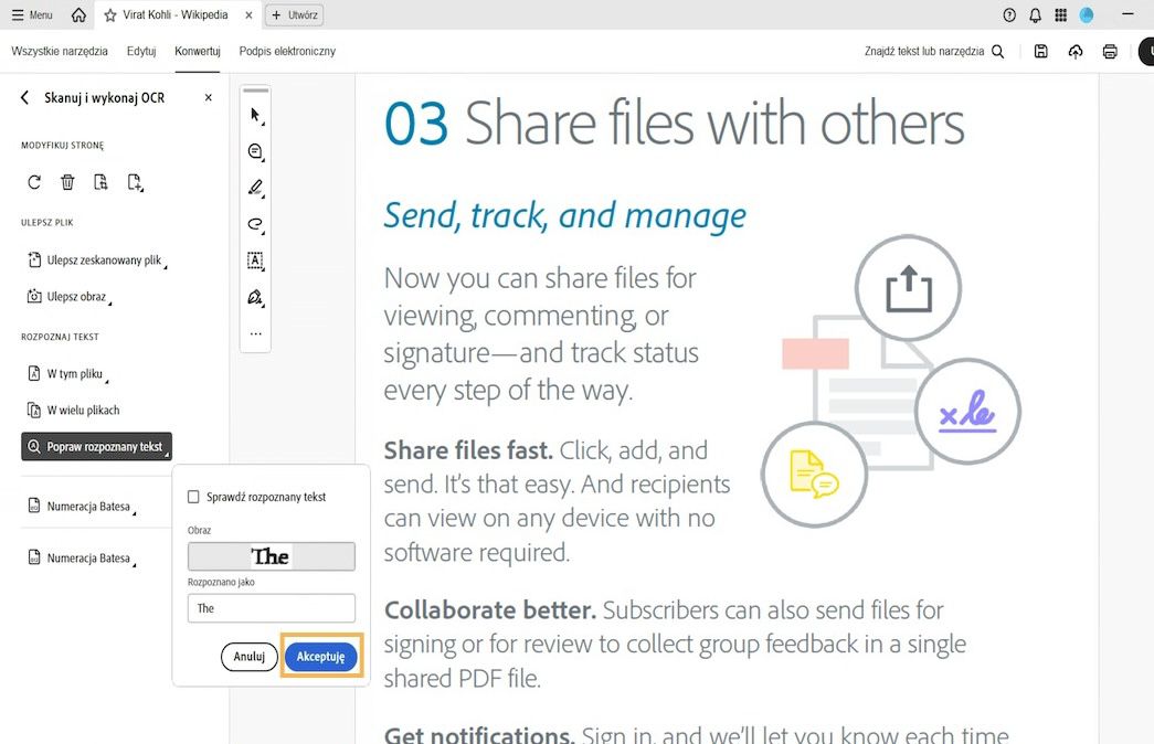 Zeskanowany plik PDF z wyskakującym oknem Sprawdź rozpoznany tekst pokazującym podejrzane słowo OCR poprawiane za pomocą pola tekstowego Rozpoznano jako.