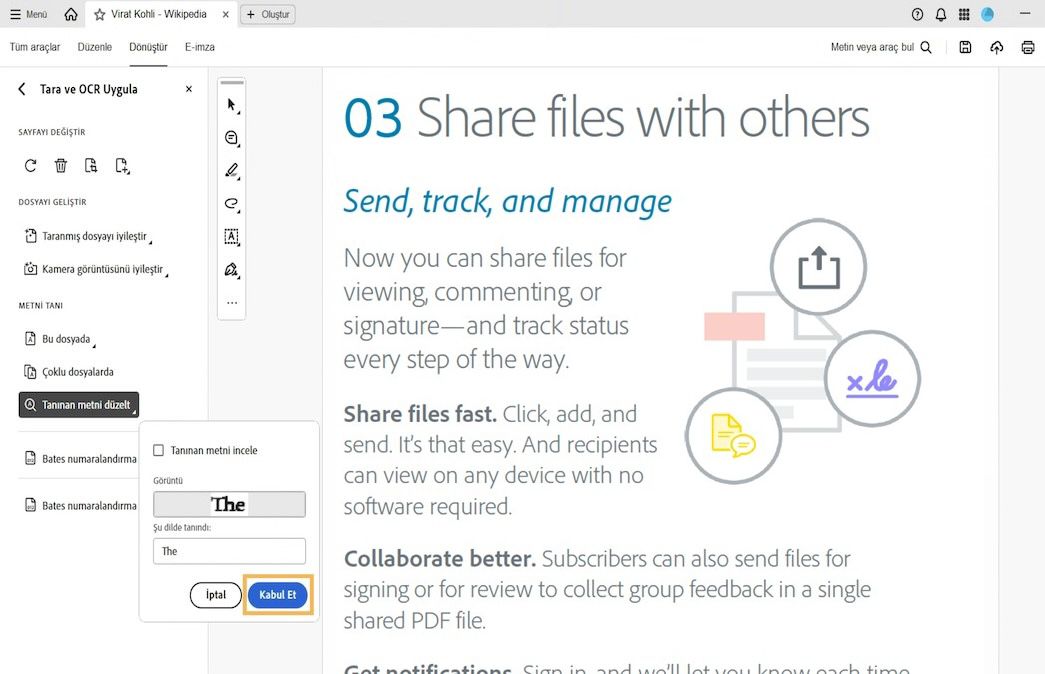 Taranmış bir PDF'deki Tanınan metni gözden geçir açılır penceresi, Şu şekilde tanındı metin kutusu kullanılarak düzeltilen bir OCR şüpheli kelimesini gösteriyor.