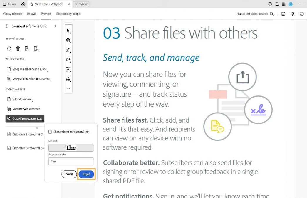 Naskenované PDF s kontextovým oknom Skontrolovať rozpoznaný text zobrazujúcim podozrivé slovo OCR opravované pomocou textového poľa Rozpoznané ako.