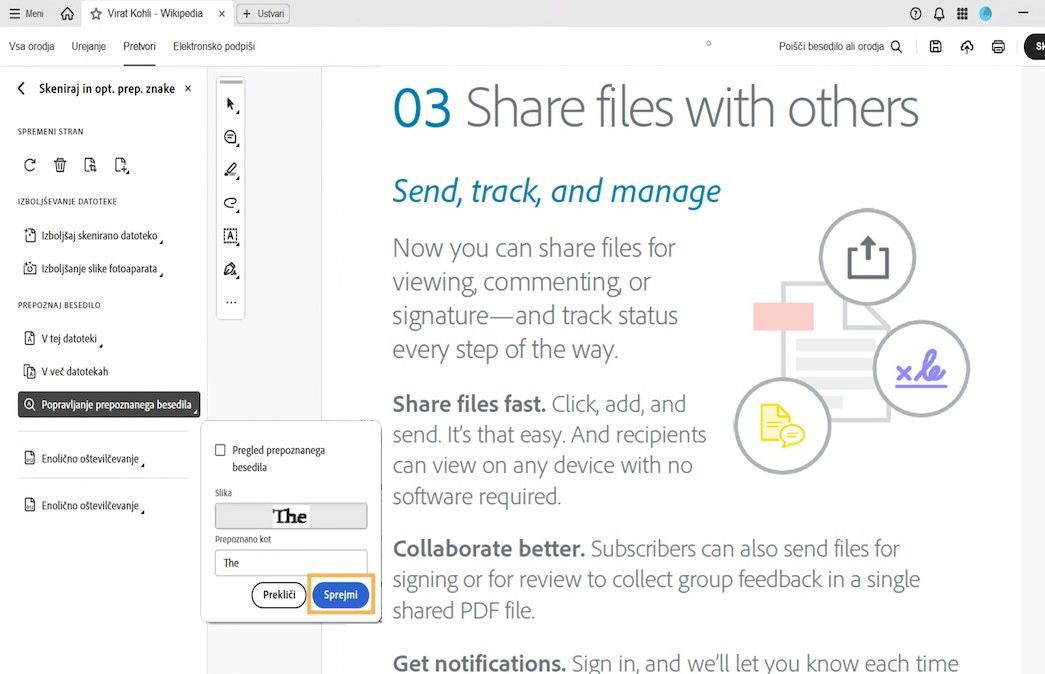 Optično prebran PDF s pojavnim oknom za pregled prepoznanega besedila, ki prikazuje popravljanje sumljive z optičnim prepoznavanjem znakov prepoznane besede z uporabo polja za besedilo Recognized as.