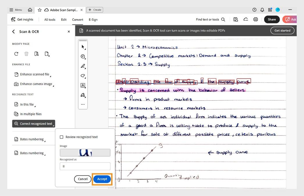 PDF סרוק עם חלון קופץ של Review recognized text המציג תיקון של מילה חשודה ב-OCR באמצעות תיבת הטקסט Recognized as.