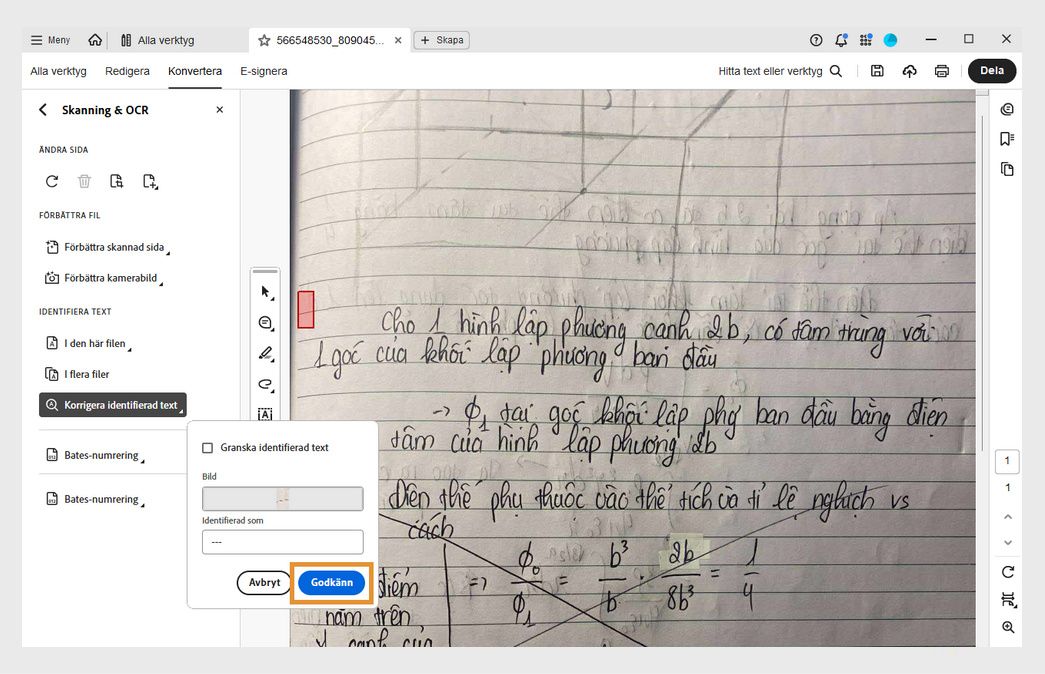 Skannad PDF-fil med en popup-ruta för Granska igenkänd text som visar ett misstänkt ord från optisk teckenläsning som korrigeras med hjälp av textrutan Igenkänd som.