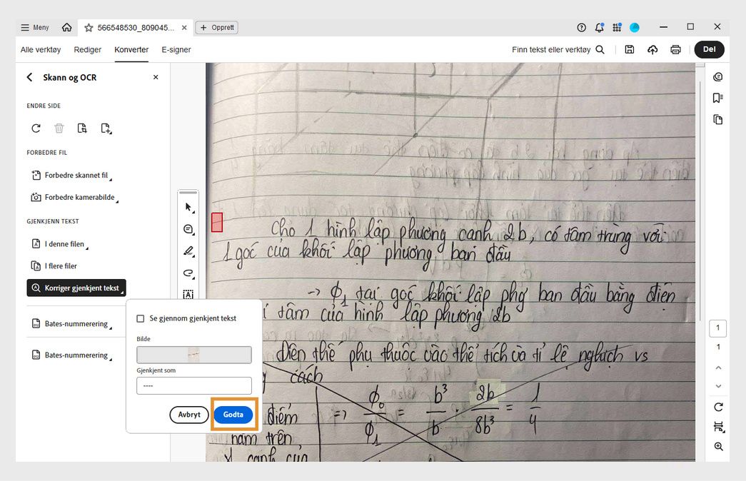 Skannet PDF med en popup for gjennomgang av gjenkjent tekst som viser et OTG-mistenkelig ord som korrigeres ved hjelp av tekstboksen Gjenkjent som.