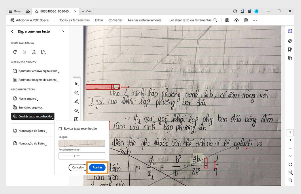 PDF digitalizado com uma janela pop-up de texto reconhecido pela revisão, mostrando uma palavra suspeita de OCR sendo corrigida usando a caixa de texto Reconhecido como.