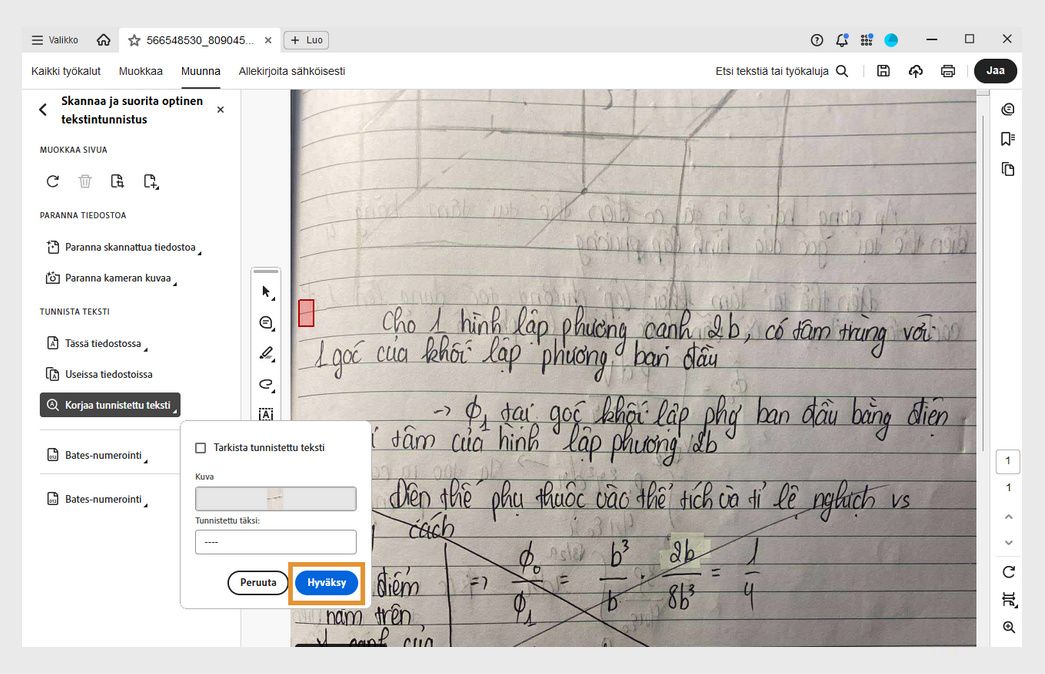 Skannattu PDF, jossa on Tarkista tunnistettu teksti -ponnahdusikkuna, joka näyttää OCR:n epäilemän sanan korjaamisen Tunnistettu sanaksi -tekstikenttää käyttäen.