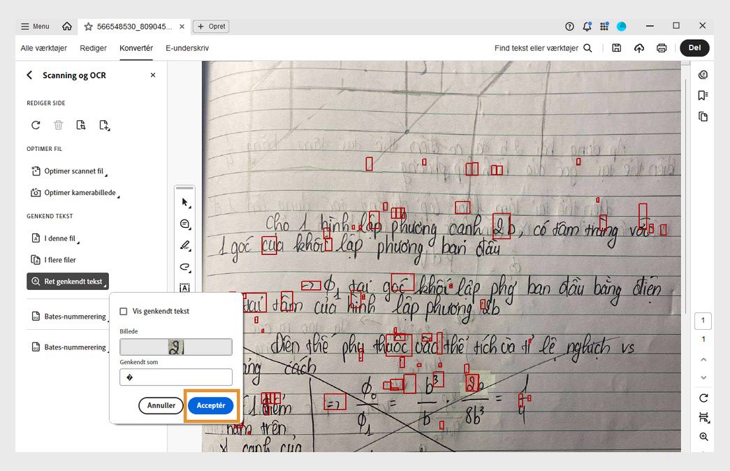 Scannet PDF med en pop op-boks til gennemgang af genkendt tekst, der viser et OCR-mistænkeligt ord, der korrigeres ved hjælp af tekstboksen Genkendt som.