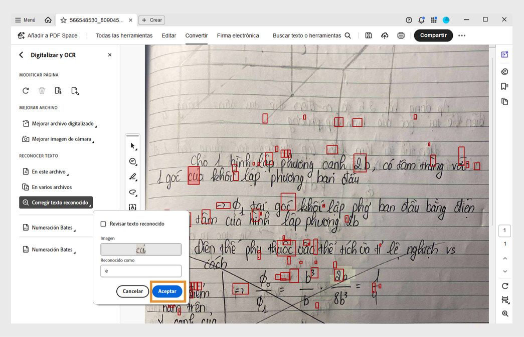 PDF escaneado con un elemento emergente de Revisar texto reconocido que muestra una palabra sospechosa de OCR siendo corregida utilizando el cuadro de texto Reconocido como.