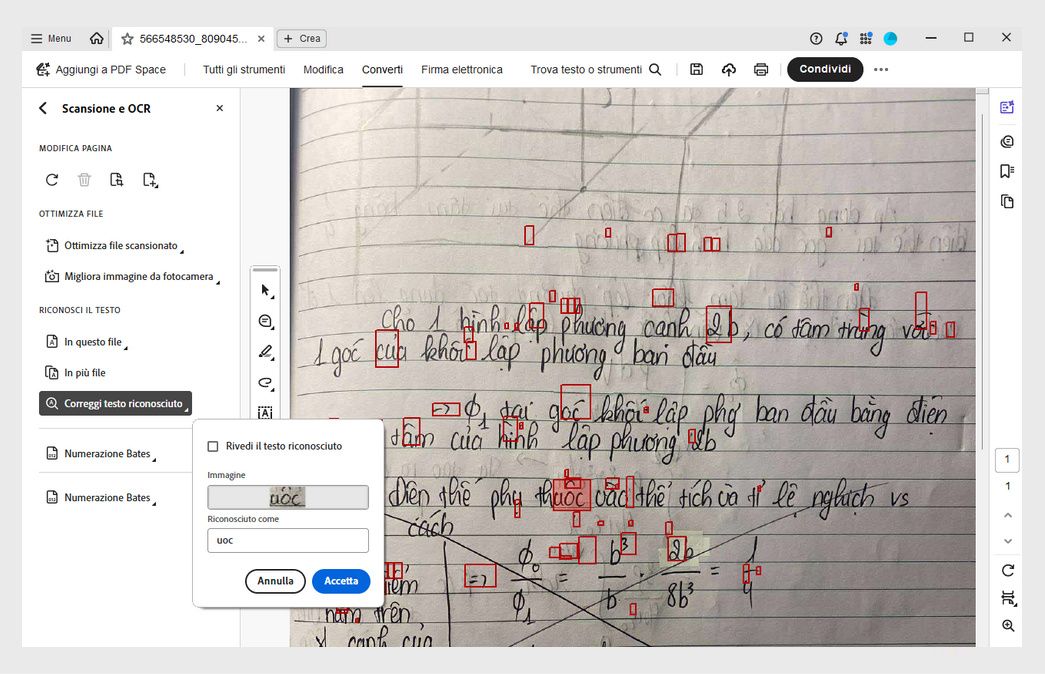 PDF scansionato con una finestra a comparsa Rivedi testo riconosciuto che mostra una parola sospetta OCR corretta utilizzando la casella di testo Riconosciuto come.