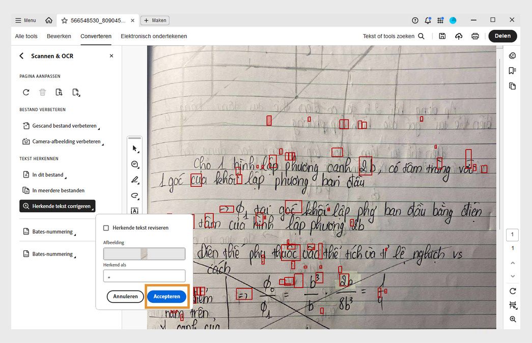 Gescande PDF met een pop-upvenster voor herkenning van tekst waarin een verdacht OCR-woord wordt gecorrigeerd met behulp van het tekstvak 'Herkend als'.