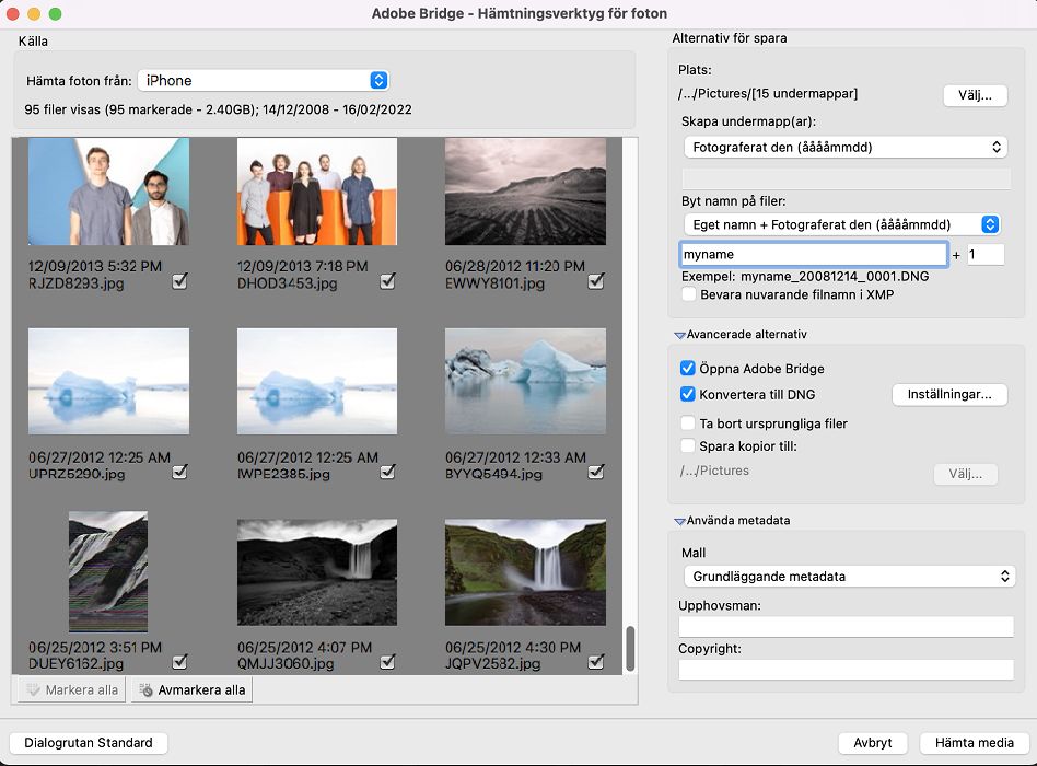 Adobe Bridge - Photo Downloader (Avancerad dialogruta)