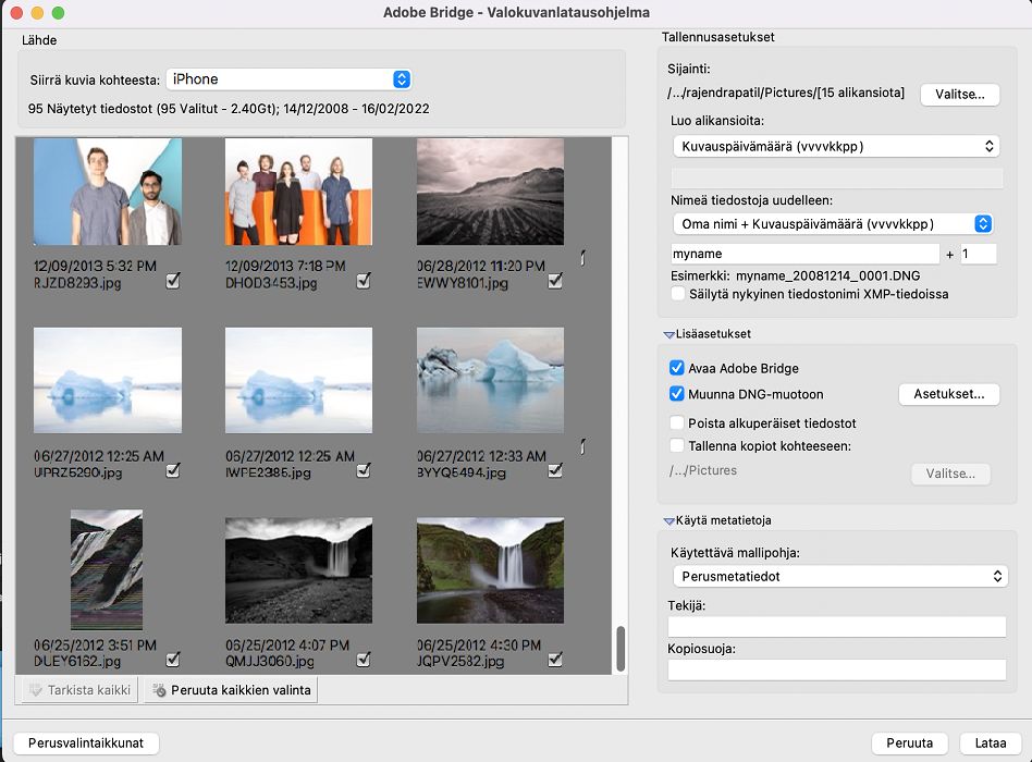 Adobe Bridge - Photo Downloader (Lisäasetukset-valintaikkuna)