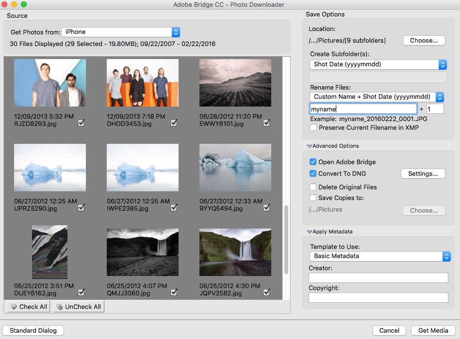 Adobe Bridge - Photo Downloader (Caixa de diálogo avançada)