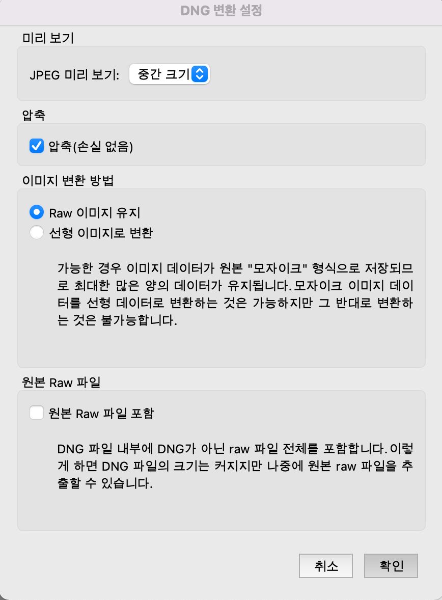 Adobe Bridge의 DNG 변환 설정 대화 상자