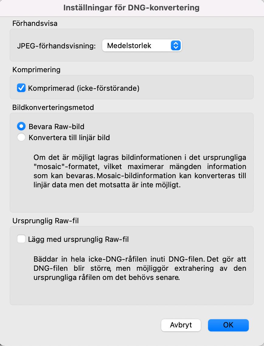 Dialogrutan Konverteringsinställningar för DNG i Adobe Bridge