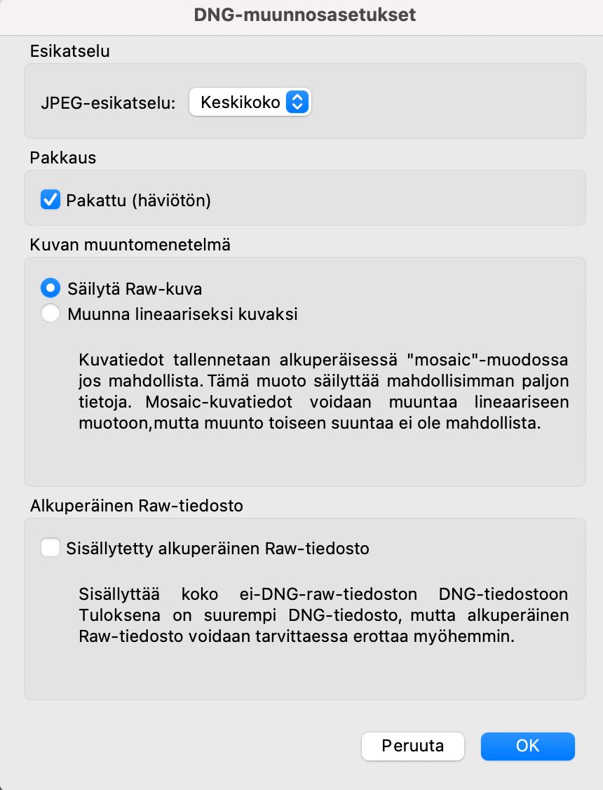 Adobe Bridgen DNG-muunnosasetukset-valintaikkuna