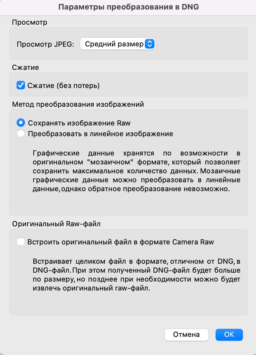 Диалоговое окно «Настройки преобразования в формат DNG» в Adobe Bridge